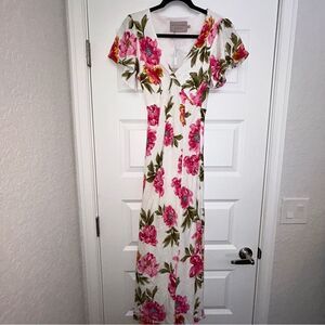 New, White Closet Elements Floral Print Flutter Short Sleeve Linen Blend Dress